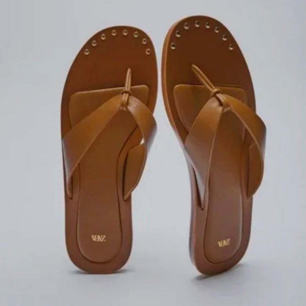Zara Brown Flat Leather Sandals